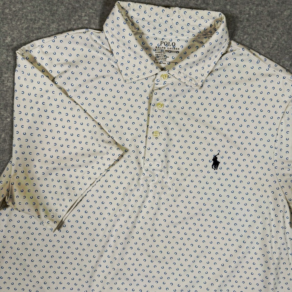 Polo Ralph Lauren Performance Men's L White/Blue Geometric Classic Fit Polo Logo